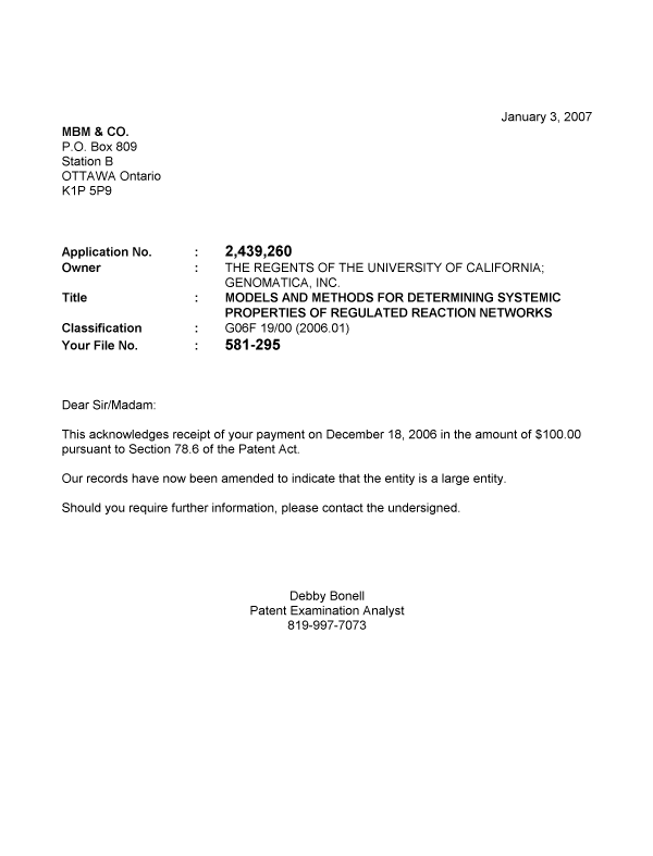 Canadian Patent Document 2439260. Correspondence 20061203. Image 1 of 1