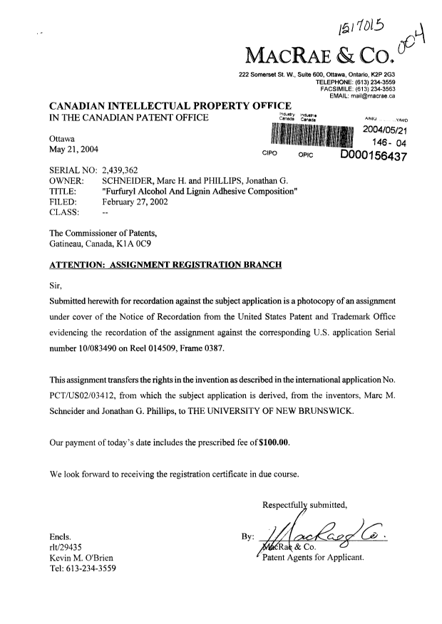 Document de brevet canadien 2439362. Cession 20040521. Image 1 de 5
