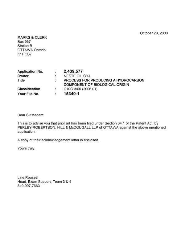 Document de brevet canadien 2439577. Poursuite-Amendment 20091029. Image 1 de 2