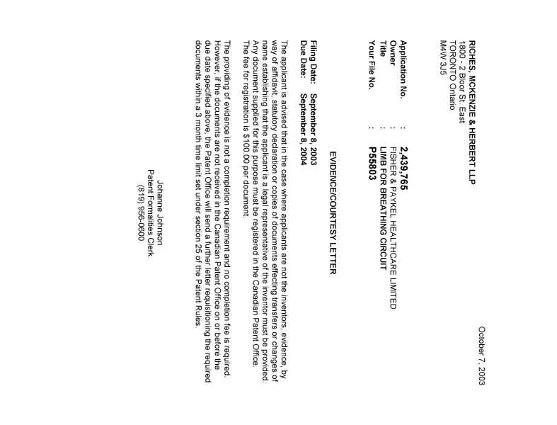Document de brevet canadien 2439765. Correspondance 20021202. Image 1 de 1