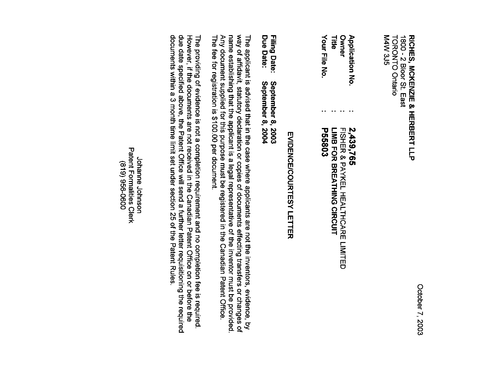 Canadian Patent Document 2439765. Correspondence 20021202. Image 1 of 1