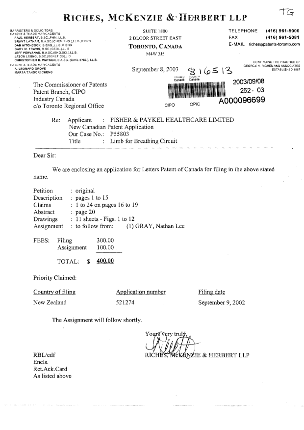 Canadian Patent Document 2439765. Assignment 20021208. Image 1 of 2