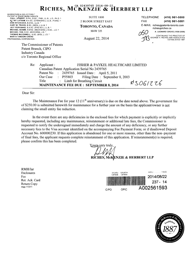 Document de brevet canadien 2439765. Taxes 20131222. Image 1 de 1