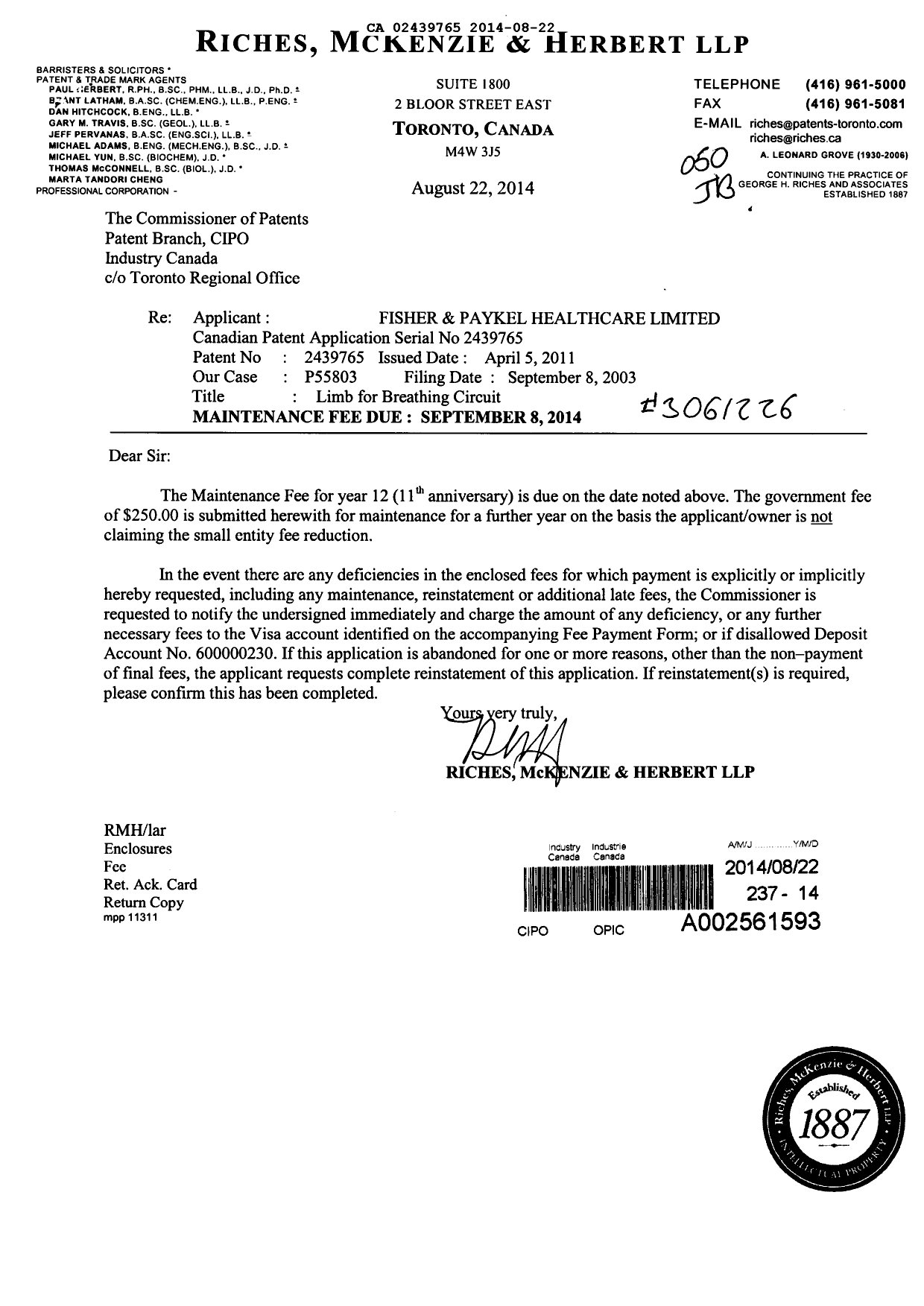 Document de brevet canadien 2439765. Taxes 20131222. Image 1 de 1