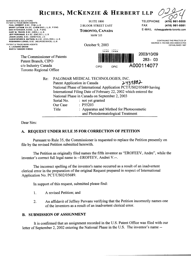 Document de brevet canadien 2439882. Cession 20031009. Image 1 de 4