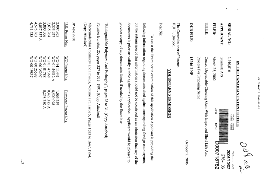 Canadian Patent Document 2440016. Prosecution-Amendment 20061002. Image 1 of 2