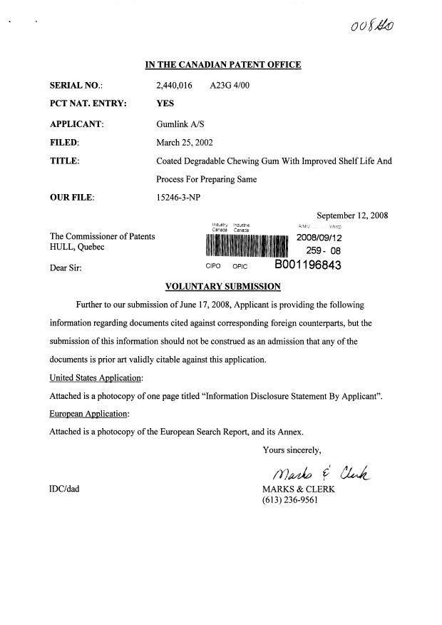 Canadian Patent Document 2440016. Prosecution-Amendment 20080912. Image 1 of 1