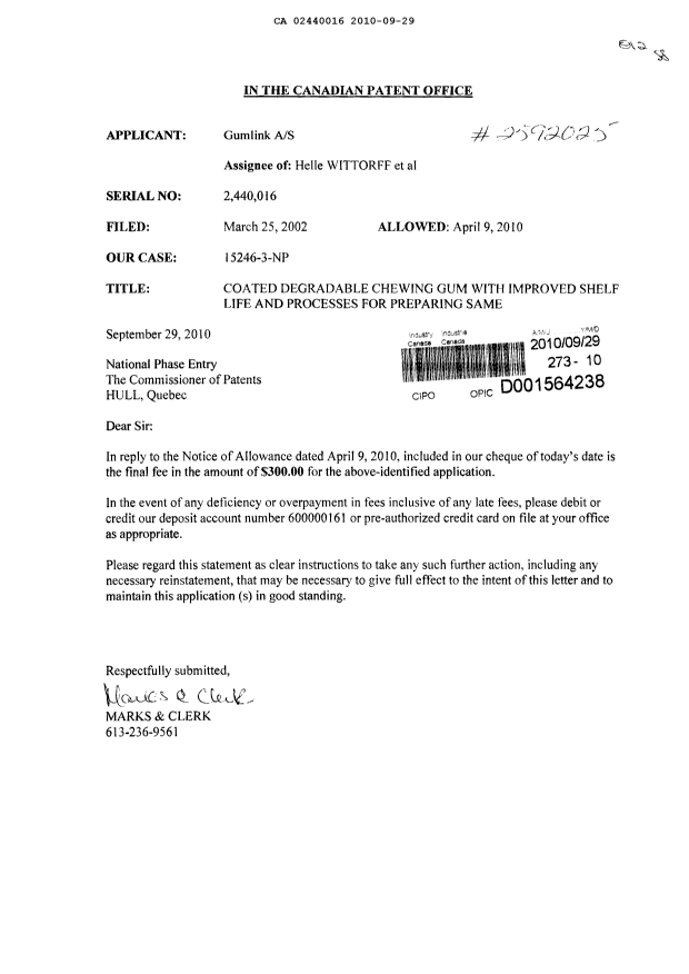Canadian Patent Document 2440016. Correspondence 20100929. Image 1 of 1