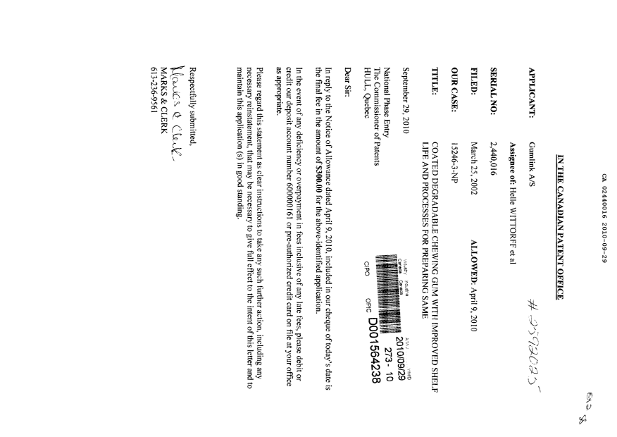Canadian Patent Document 2440016. Correspondence 20100929. Image 1 of 1