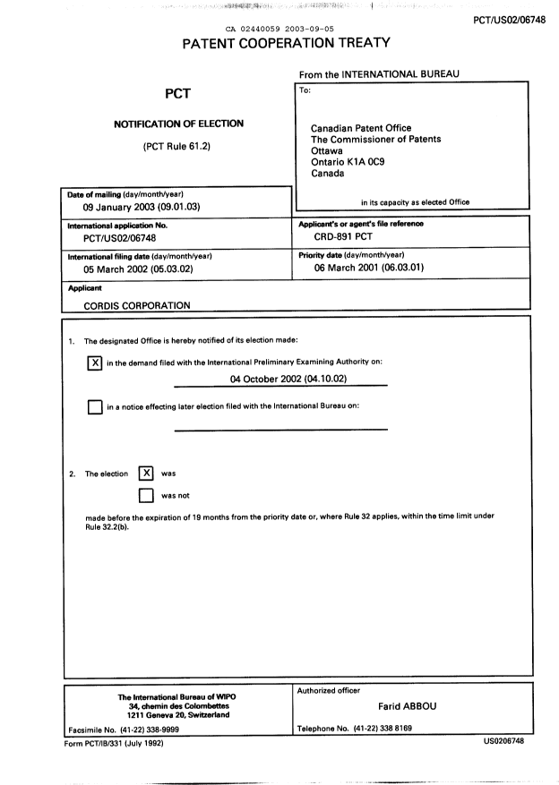Document de brevet canadien 2440059. PCT 20030905. Image 1 de 11