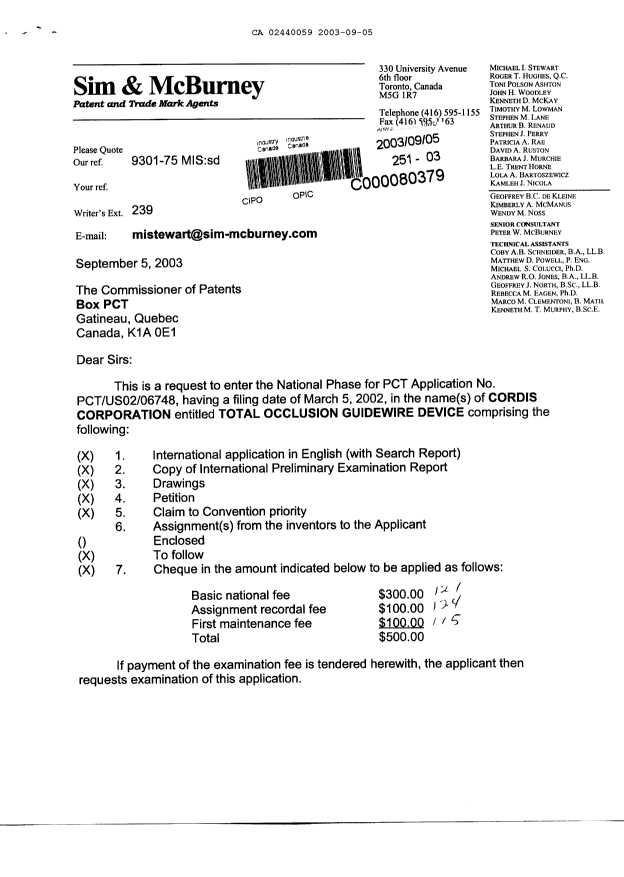 Document de brevet canadien 2440059. Cession 20030905. Image 1 de 3