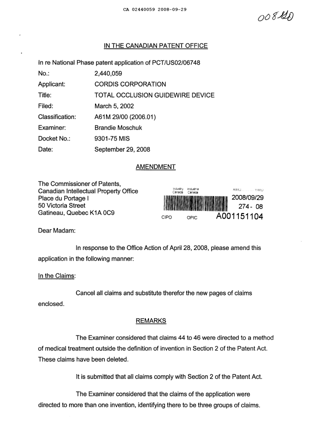 Document de brevet canadien 2440059. Poursuite-Amendment 20080929. Image 1 de 7