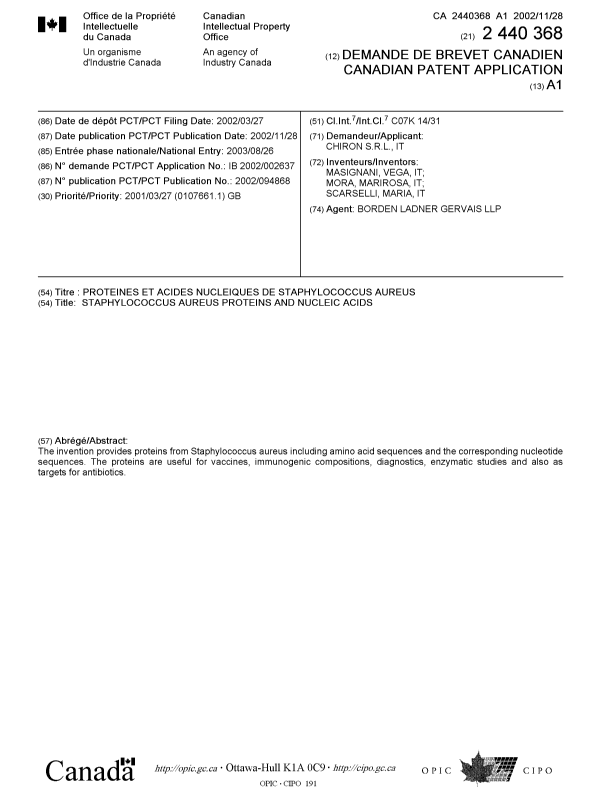 Document de brevet canadien 2440368. Page couverture 20031211. Image 1 de 1