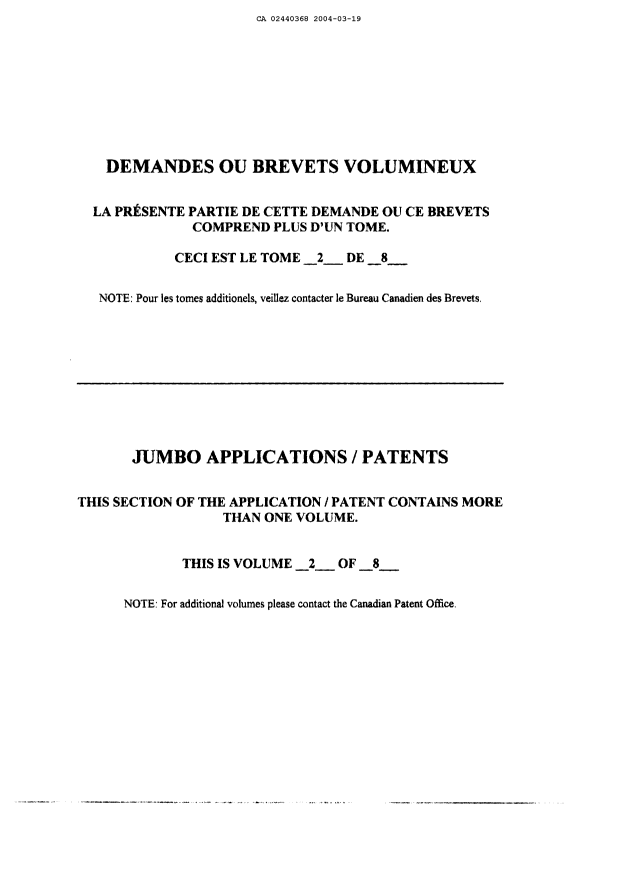Document de brevet canadien 2440368. Correspondance 20040319. Image 1 de 600