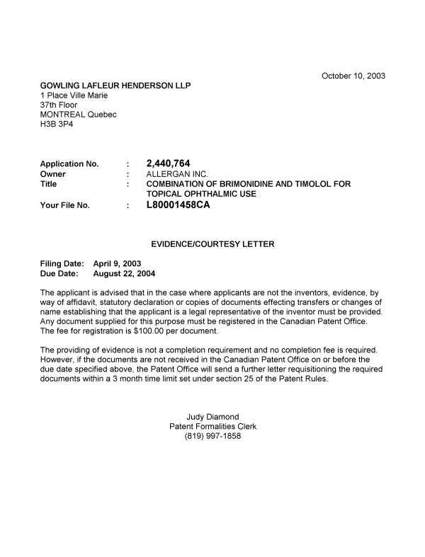 Canadian Patent Document 2440764. Correspondence 20021210. Image 1 of 1
