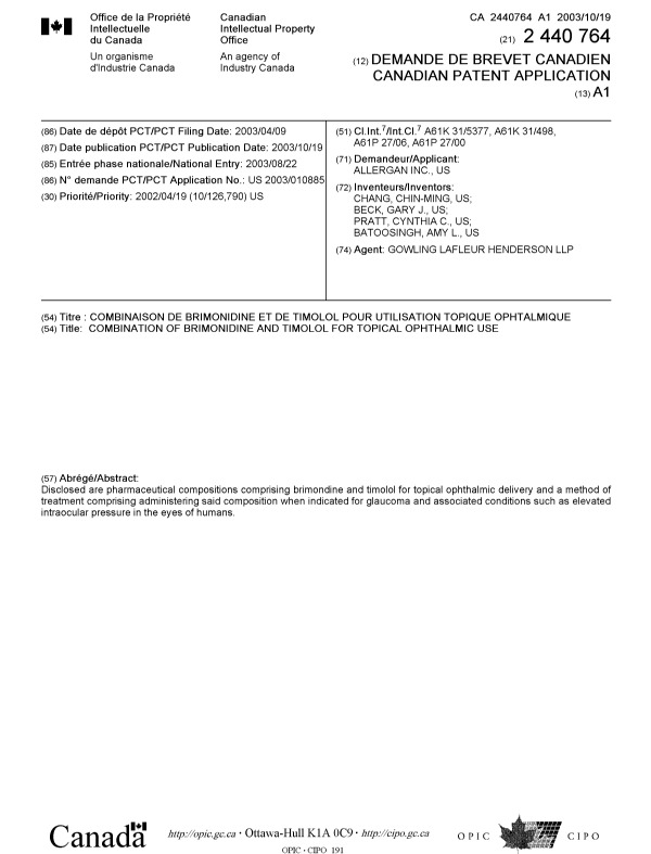 Document de brevet canadien 2440764. Page couverture 20021229. Image 1 de 1