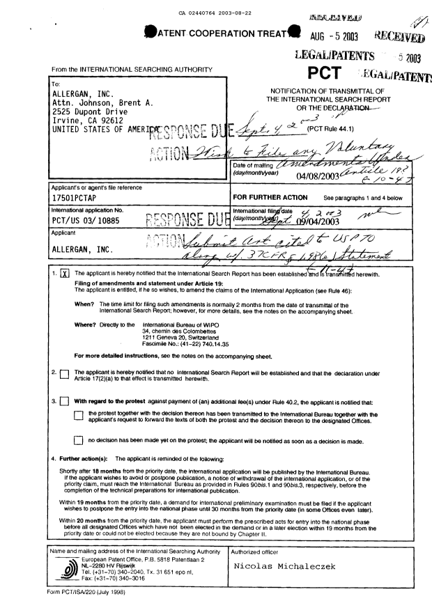 Document de brevet canadien 2440764. PCT 20030822. Image 1 de 9
