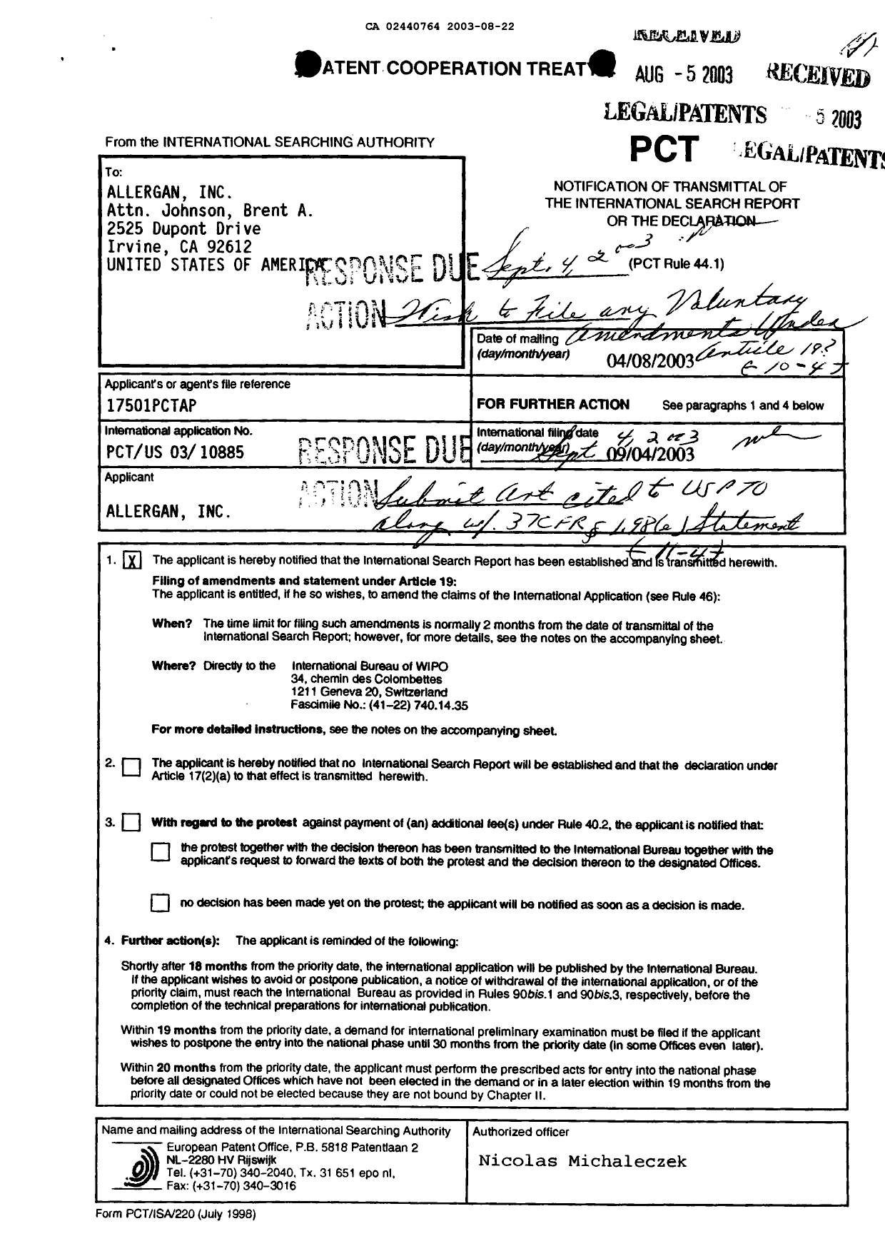 Document de brevet canadien 2440764. PCT 20030822. Image 1 de 9