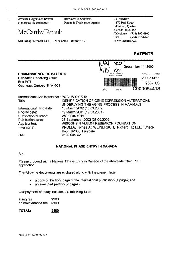 Document de brevet canadien 2441086. Cession 20021211. Image 1 de 4