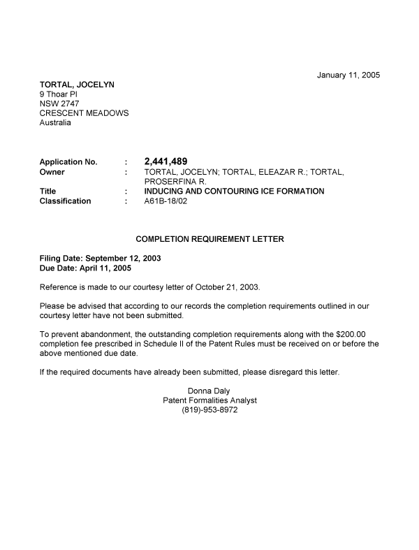 Document de brevet canadien 2441489. Correspondance 20050104. Image 1 de 1