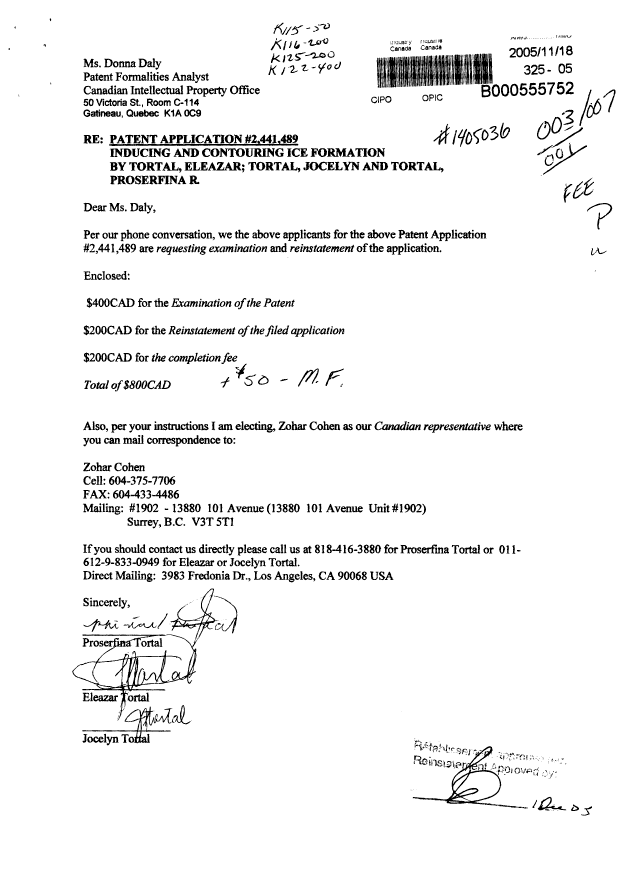 Canadian Patent Document 2441489. Prosecution-Amendment 20051118. Image 1 of 1