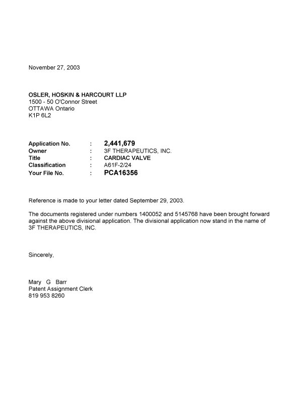 Canadian Patent Document 2441679. Correspondence 20021227. Image 1 of 1