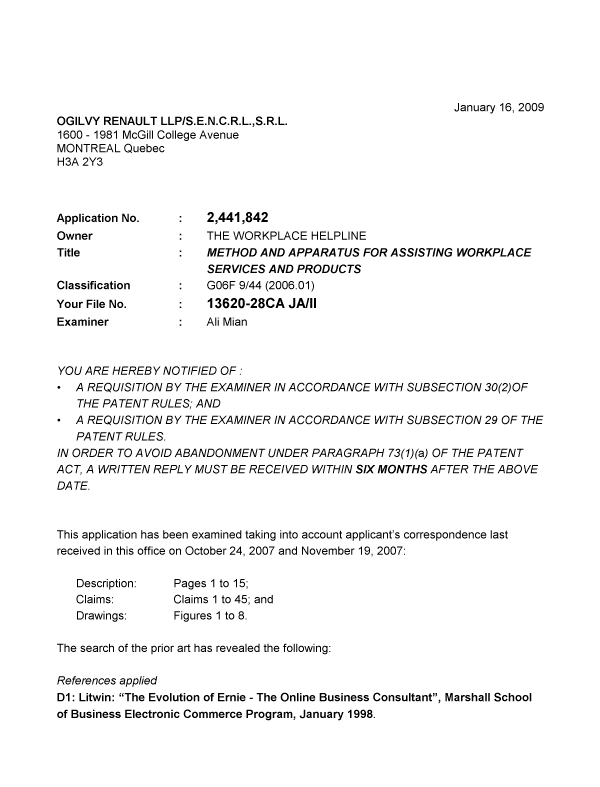 Canadian Patent Document 2441842. Prosecution-Amendment 20090116. Image 1 of 4