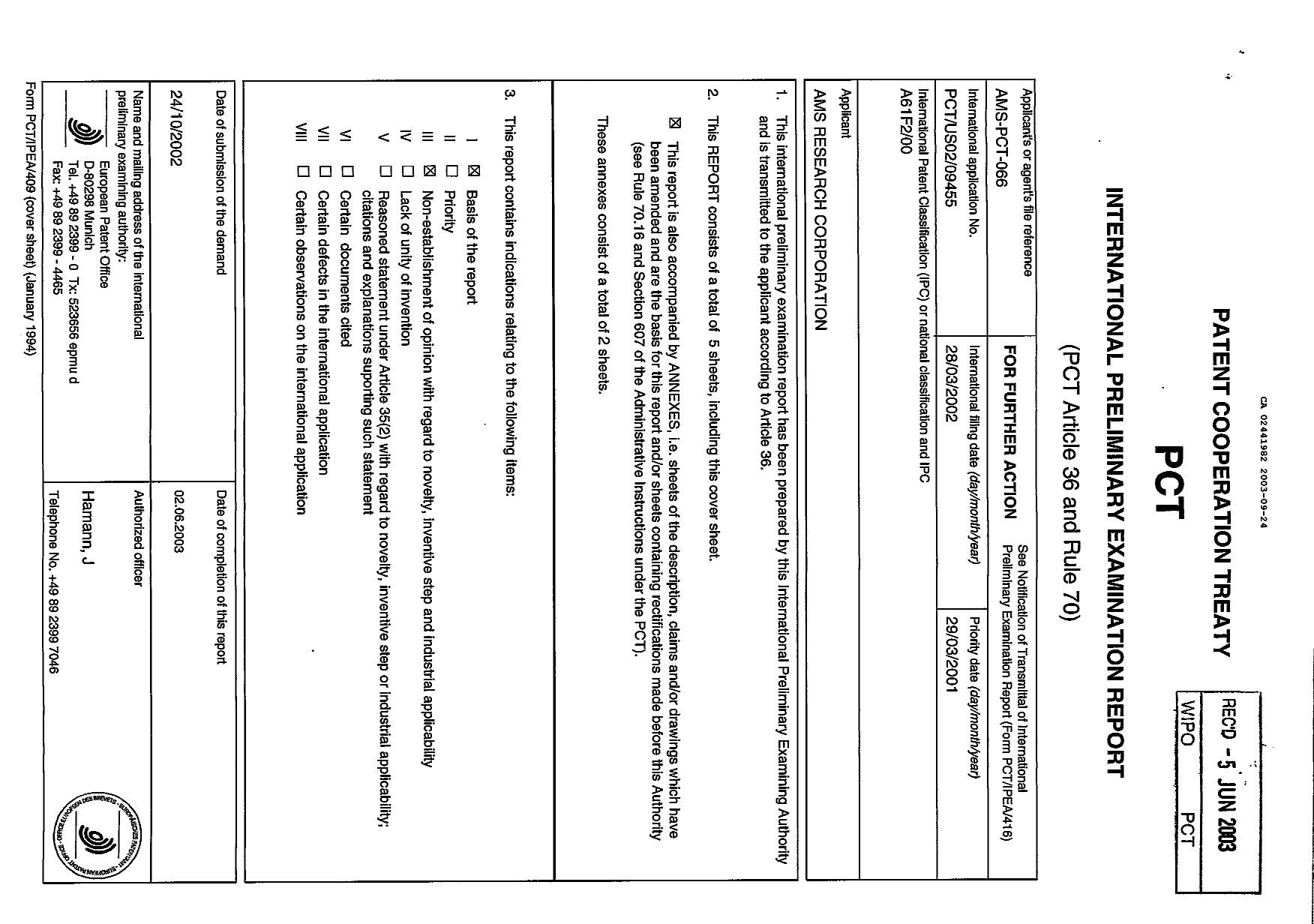 Document de brevet canadien 2441982. PCT 20021224. Image 1 de 7