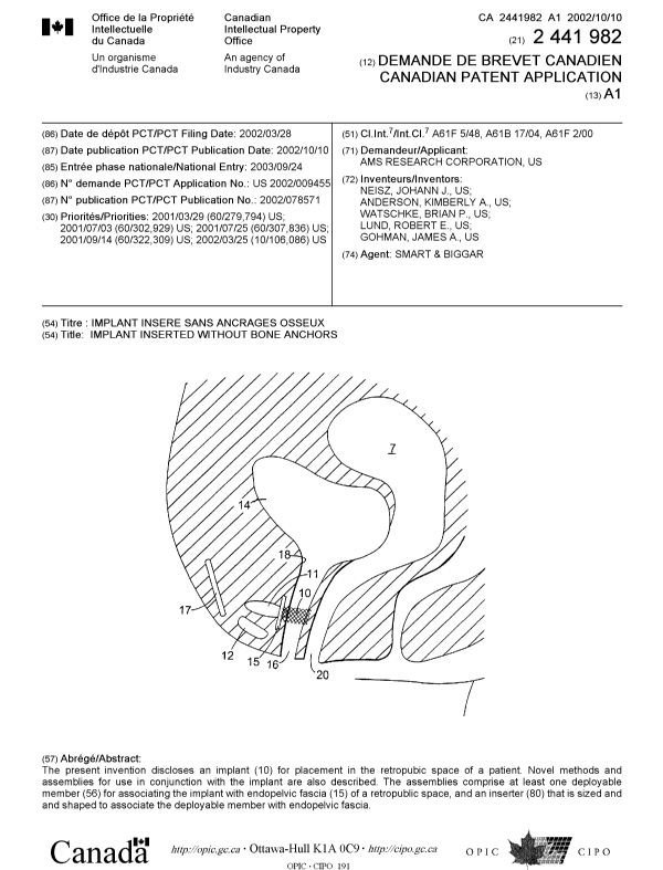 Canadian Patent Document 2441982. Cover Page 20021227. Image 1 of 1