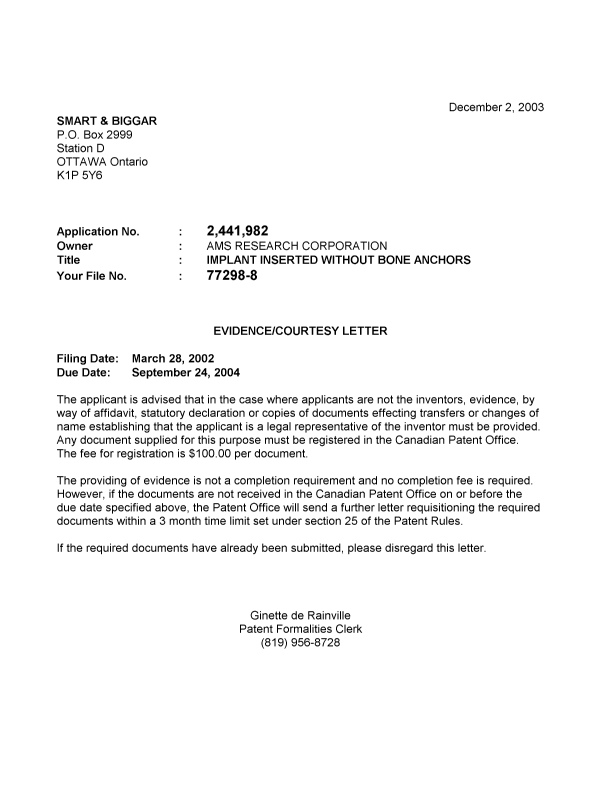 Document de brevet canadien 2441982. Correspondance 20031125. Image 1 de 1