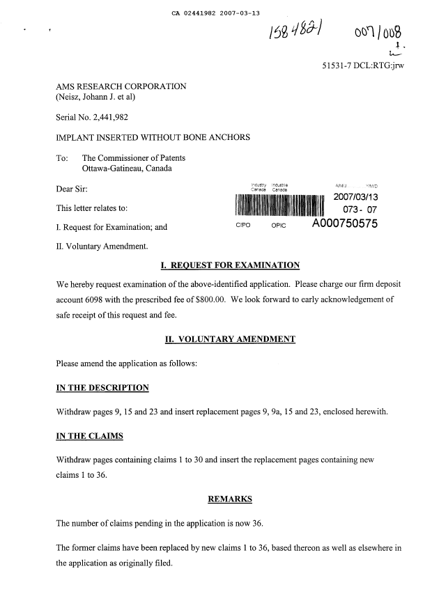 Canadian Patent Document 2441982. Prosecution-Amendment 20061213. Image 1 of 13