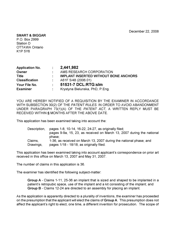 Canadian Patent Document 2441982. Prosecution-Amendment 20071222. Image 1 of 3