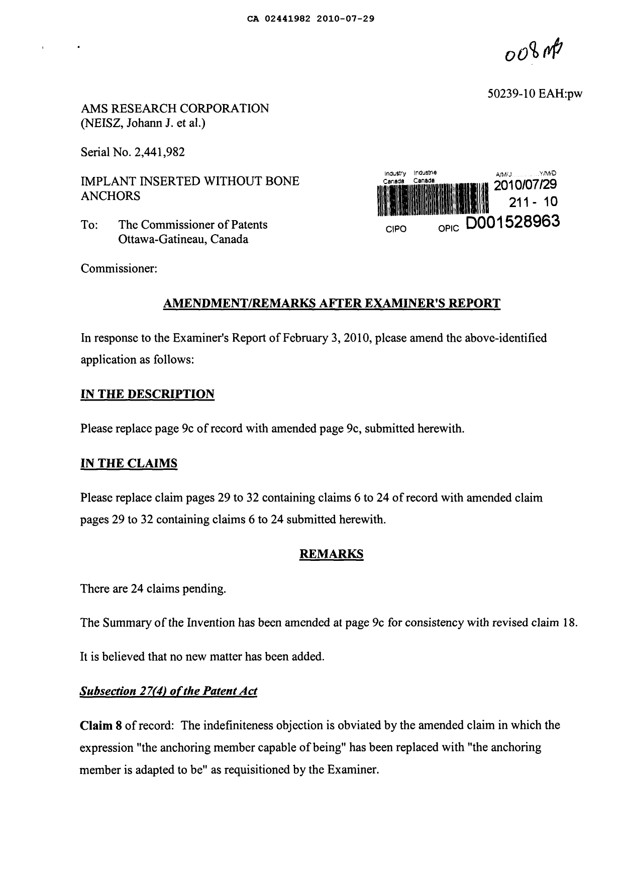 Canadian Patent Document 2441982. Prosecution-Amendment 20091229. Image 1 of 9