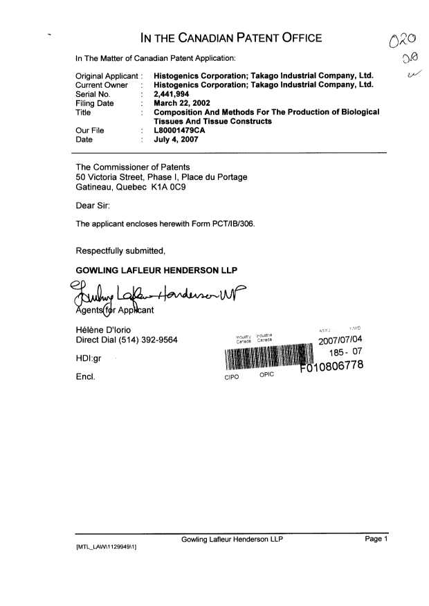 Canadian Patent Document 2441994. Correspondence 20070704. Image 1 of 2