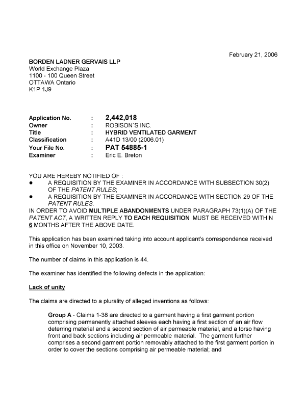 Canadian Patent Document 2442018. Prosecution-Amendment 20051221. Image 1 of 4