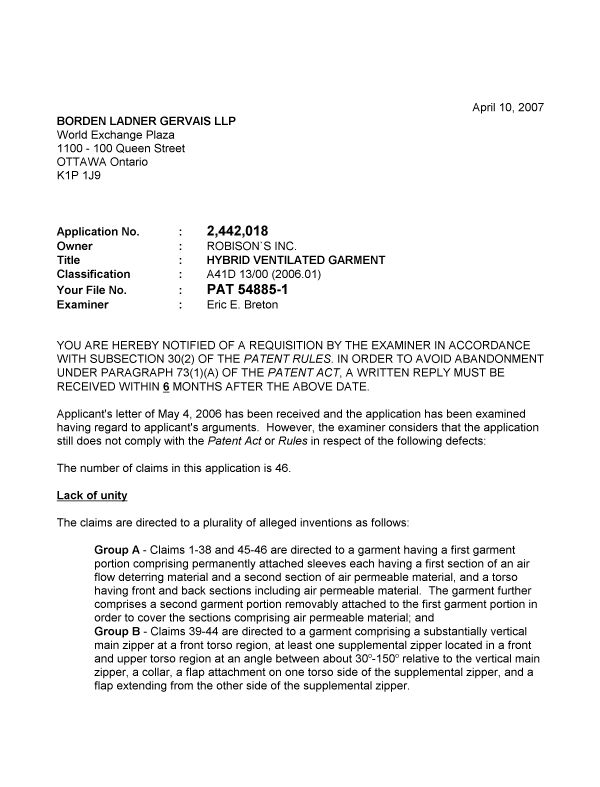 Canadian Patent Document 2442018. Prosecution-Amendment 20061210. Image 1 of 3