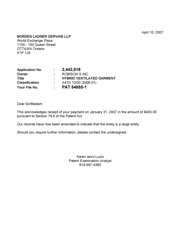 Canadian Patent Document 2442018. Correspondence 20061210. Image 1 of 1