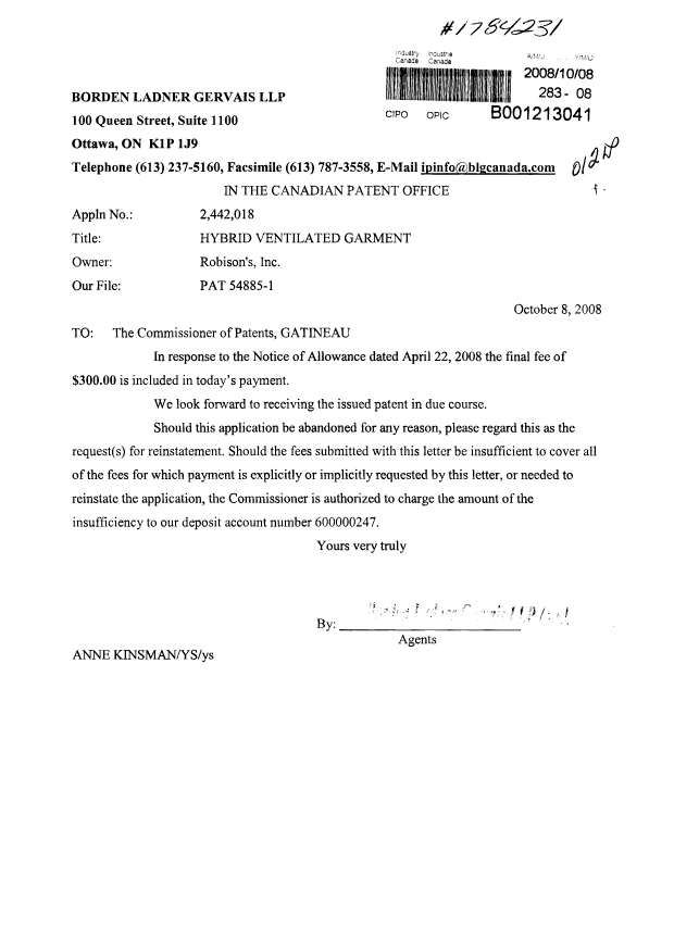 Canadian Patent Document 2442018. Correspondence 20071208. Image 1 of 1
