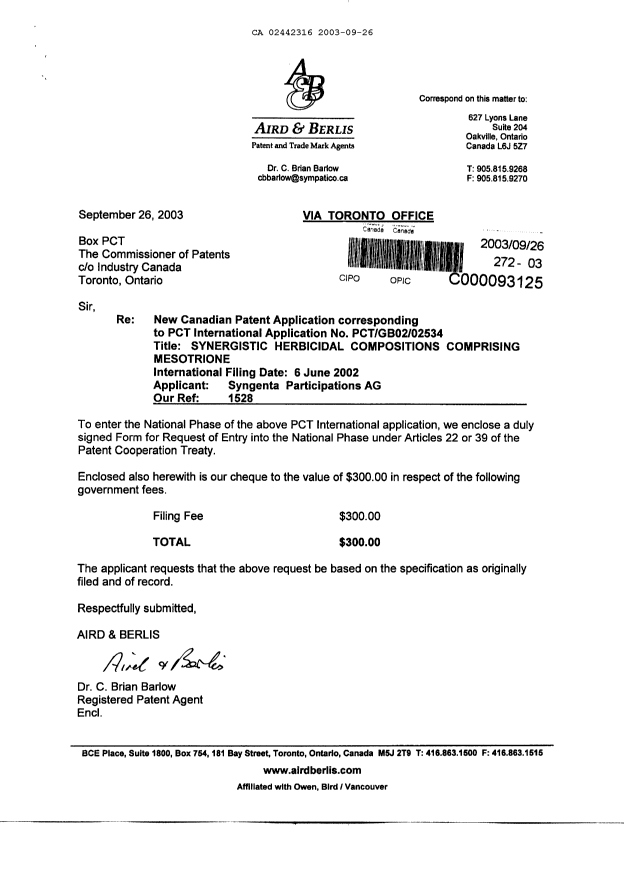Document de brevet canadien 2442316. Cession 20030926. Image 1 de 3