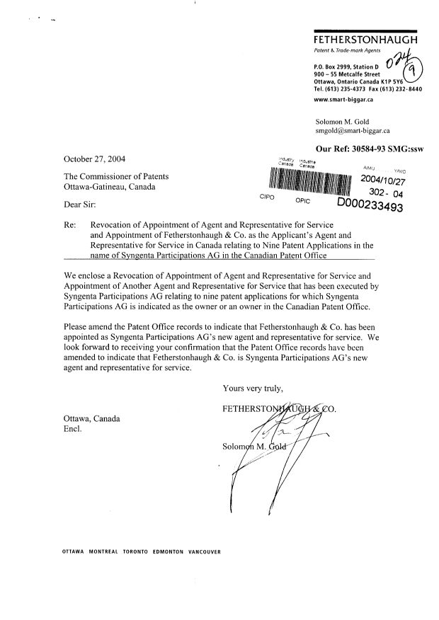 Document de brevet canadien 2442316. Correspondance 20041027. Image 1 de 3