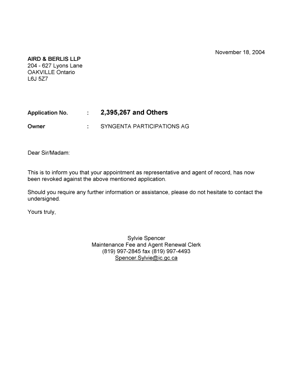 Document de brevet canadien 2442316. Correspondance 20041118. Image 1 de 1