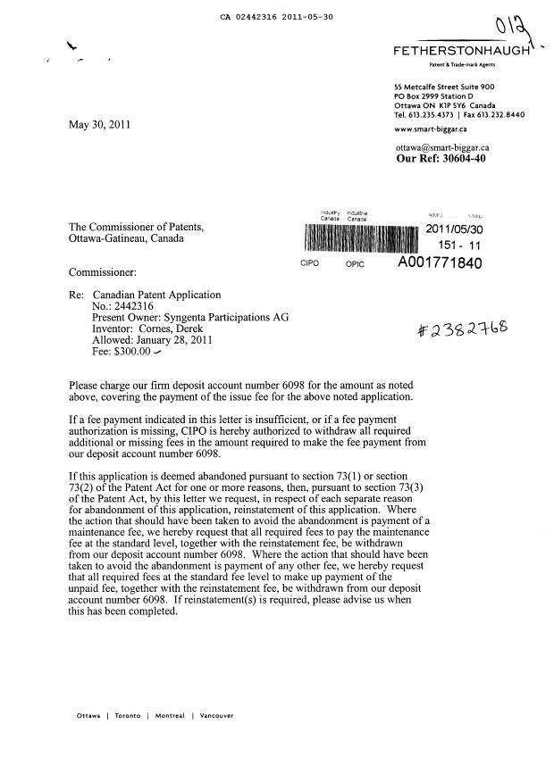 Canadian Patent Document 2442316. Correspondence 20110530. Image 1 of 2