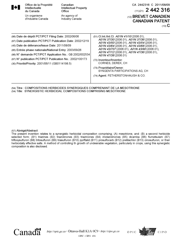 Canadian Patent Document 2442316. Cover Page 20110706. Image 1 of 1