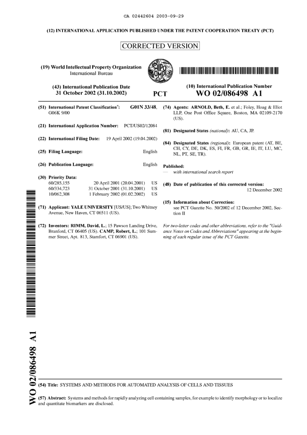 Document de brevet canadien 2442604. Abrégé 20030929. Image 1 de 1