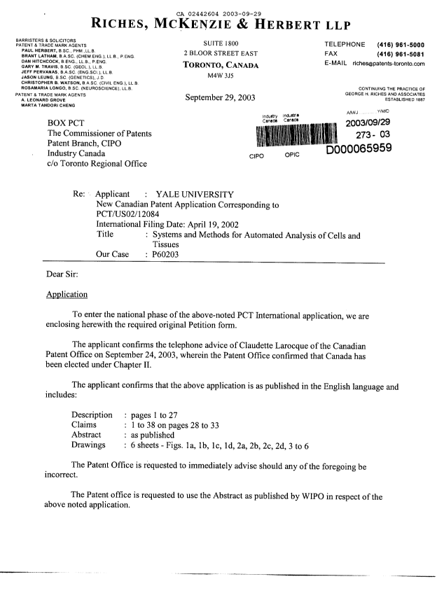 Document de brevet canadien 2442604. Cession 20030929. Image 1 de 4