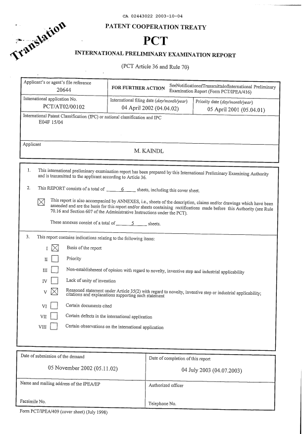 Document de brevet canadien 2443022. PCT 20031004. Image 1 de 7