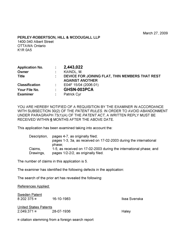 Canadian Patent Document 2443022. Prosecution-Amendment 20090327. Image 1 of 3