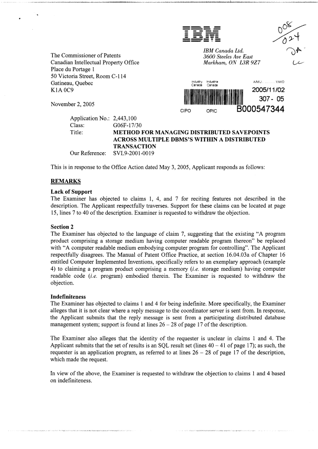 Canadian Patent Document 2443100. Prosecution-Amendment 20041202. Image 1 of 2
