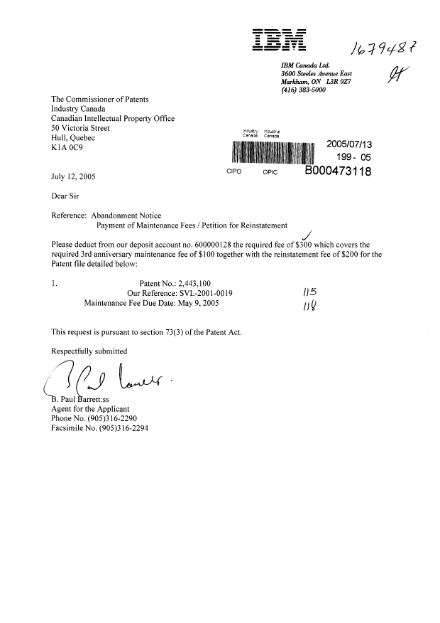 Document de brevet canadien 2443100. Taxes 20041213. Image 1 de 1