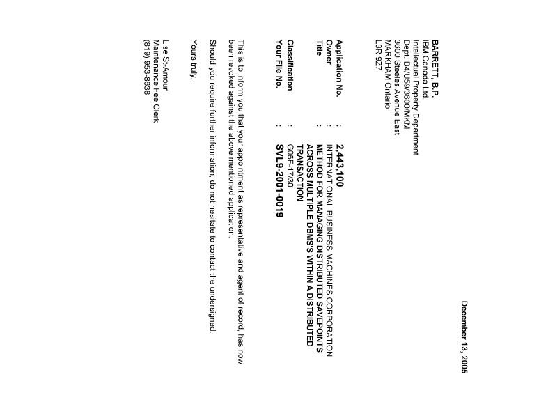 Document de brevet canadien 2443100. Correspondance 20041213. Image 1 de 1